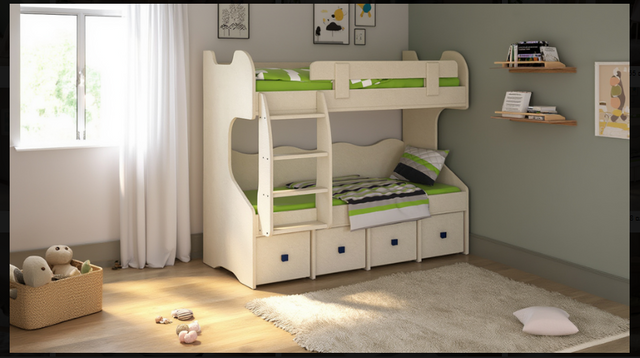 Sage Loft Bunk with integrated desk nook and blue-accented drawers