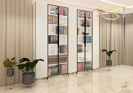 Modern interior with glass display cabinets and decorative plants.