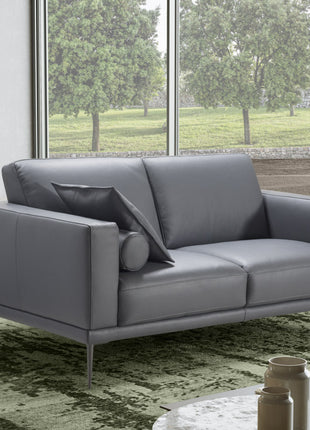 Silver 2-seater sofa in steel blue leather, side angle view