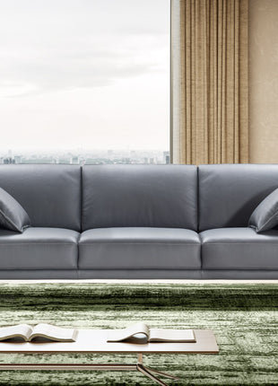 Silver 3-seater sofa in steel blue leather, front view with city skyline backdrop