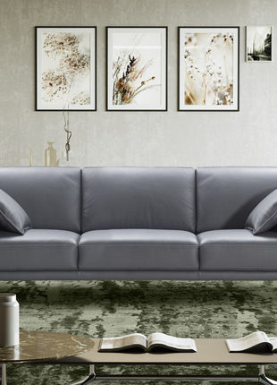 Silver 3-seater sofa in steel blue leather, front view with gallery wall backdrop