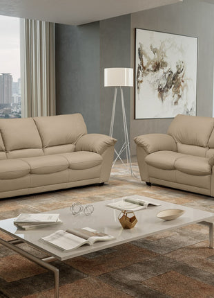 Trani sofa set in beige leather in a modern high-rise living room