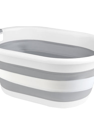 Collapsible gray and white laundry basket on a white background