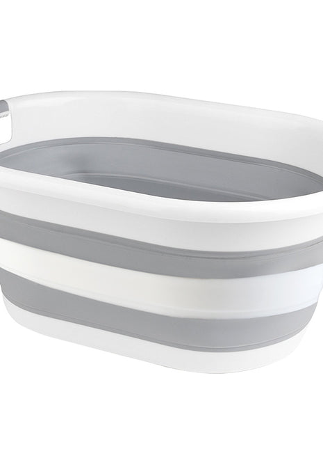 Collapsible gray and white laundry basket on a white background