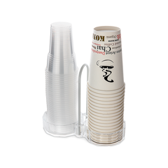 Stack of clear plastic cups and a stack of branded beige cups in a transparent holder on a white background.