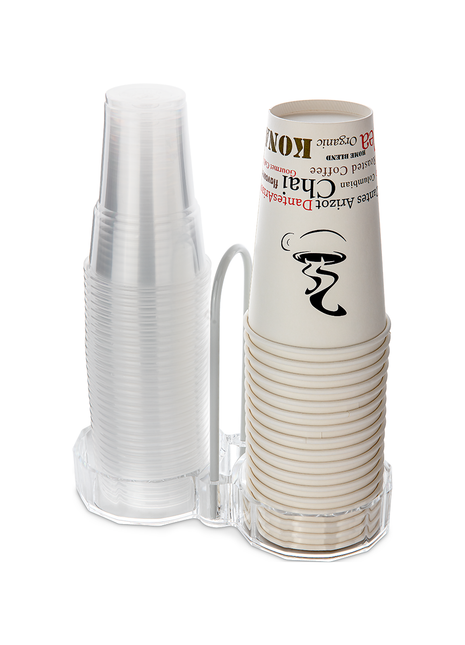 Stack of clear plastic cups and a stack of branded beige cups in a transparent holder on a white background.