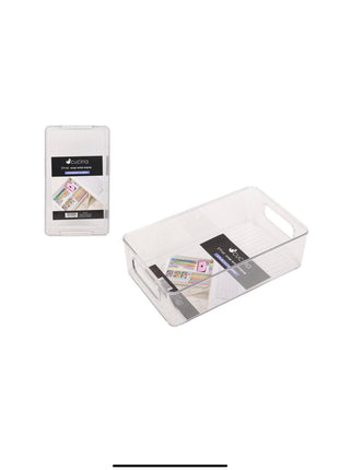 Clear plastic storage box with a label on a white background