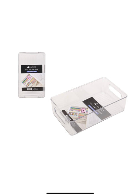 Clear plastic storage box with a label on a white background