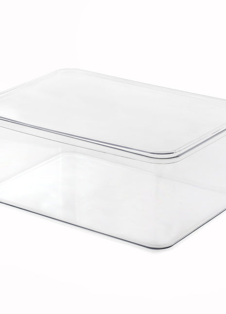 Clear plastic storage container on a white background