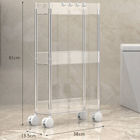 Clear rolling cart with dimensions labeled on a neutral background