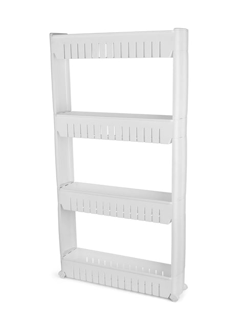 White plastic shelf with four tiers on a white background