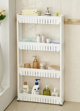 White storage rack with various bathroom items against a tiled wall.