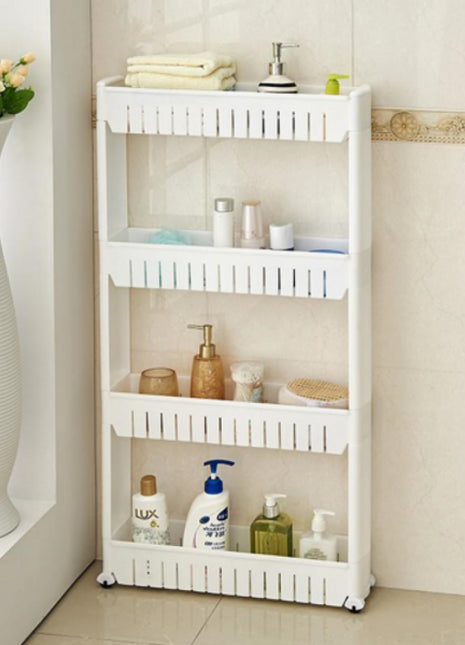 White storage rack with various bathroom items against a tiled wall.