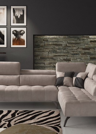 Novula modular sofa in taupe velvet, four-seat configuration with open shelving backdrop