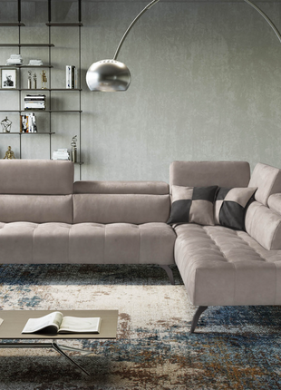 Novula modular sofa in light greige with chaise, styled in a bright contemporary living room