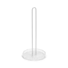 Clear stand with a long thin rod on a white background for paper towels
