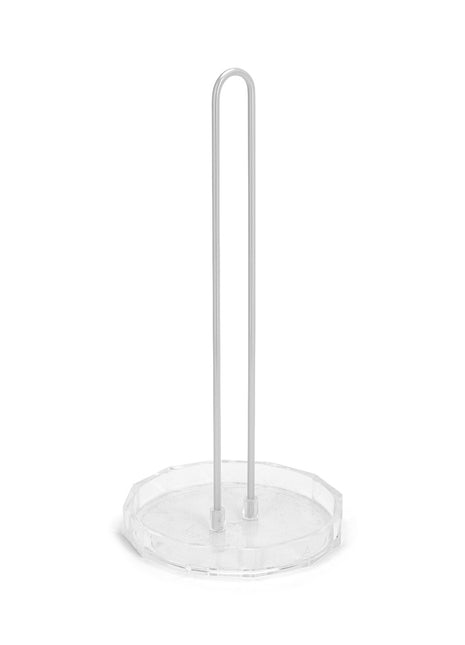 Clear stand with a long thin rod on a white background for paper towels