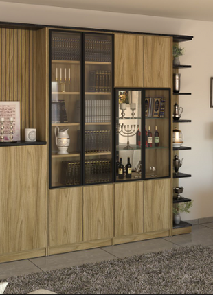 Oak & Dark Frame Display Bookcase with Open Side Shelving
