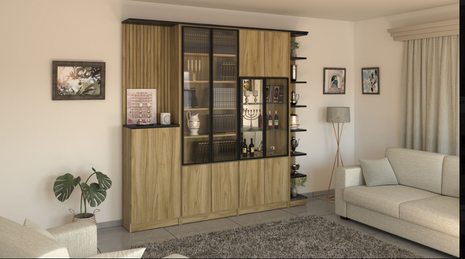 Oak & Dark Frame Display Bookcase with Open Side Shelving