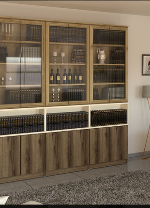 Walnut Two-Tone Bookcase with Glass Cabinets