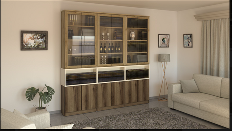 Walnut Two-Tone Bookcase with Glass Cabinets