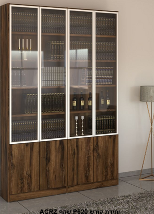 ACSA P621 luxury full-wall bookcase with aluminum siding, smoked glass upper doors and ribbed lower cabinets