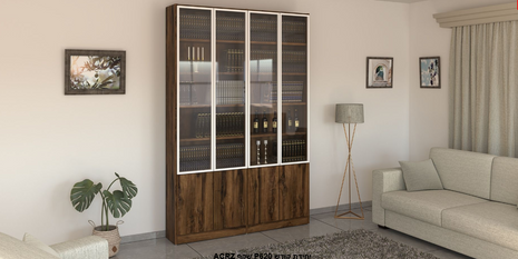 ACSA P621 luxury full-wall bookcase with aluminum siding, smoked glass upper doors and ribbed lower cabinets