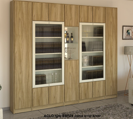 Espresso display cabinet wall unit with three marble-framed glass doors