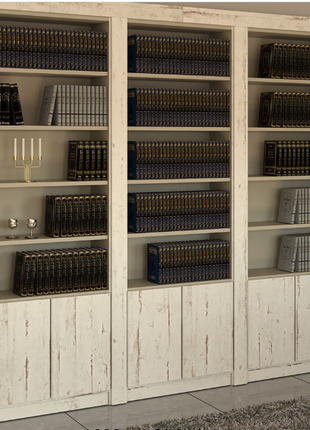 White Shalom open bookcase wall unit with three bays and slatted lower doors