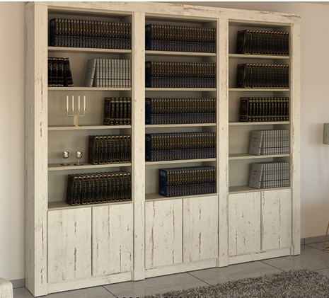 White Shalom open bookcase wall unit with three bays and slatted lower doors