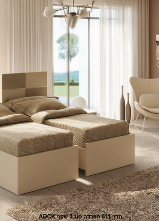 Natural wood kosher separation bed 90cm with carved crown and beige tufted headboard