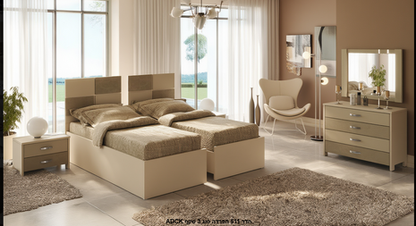 Natural wood kosher separation bed 90cm with carved crown and beige tufted headboard