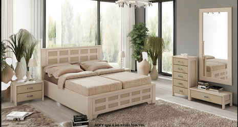 Cream ribbed kosher separation bed set 90cm with horizontal striped headboard and dark tapered legs