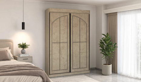 Duo Stripe Sliding Wardrobe with light concrete and dark charcoal horizontal stripe panels