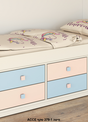 Green Tufted Trundle Bed with distressed white frame, green tufted headboard and pull-out trundle