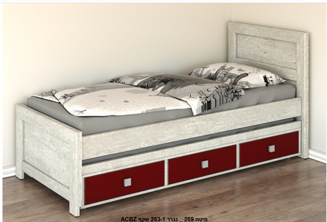 Antique White Three-Drawer Bed with slatted panel headboard and three storage drawers