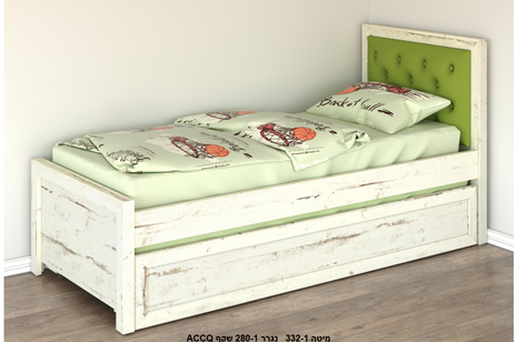 Kids Bed with Green Upholstered Headboard & Pull-Out Trundle