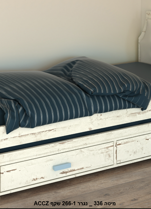 Vintage Tufted Storage Bed in distressed white with tufted headboard, pull-out trundle and 2 drawers
