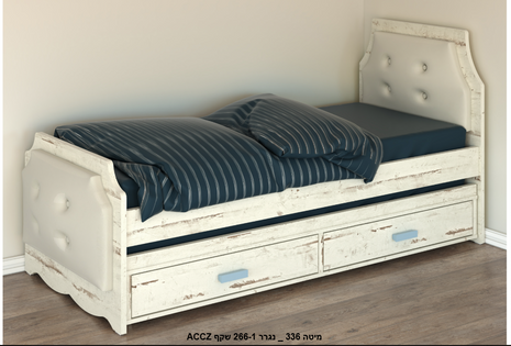 Vintage Tufted Storage Bed in distressed white with tufted headboard, pull-out trundle and 2 drawers