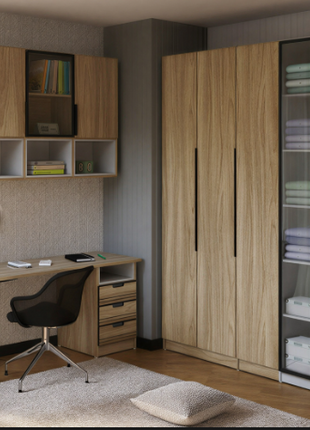 Slate Compact Desk Station – graphite desk with wall-mounted hutch and floating shelves