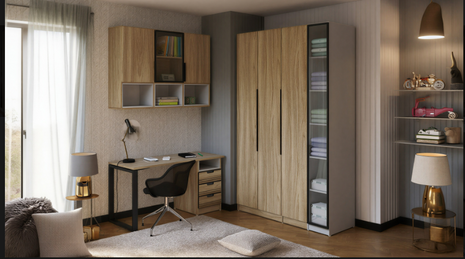 Slate Compact Desk Station – graphite desk with wall-mounted hutch and floating shelves