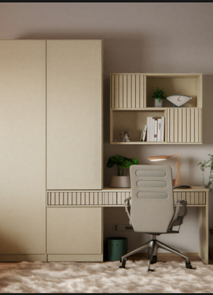 Nordic Study Zone – cream wardrobe with integrated desk and wall shelving in warm oak tones