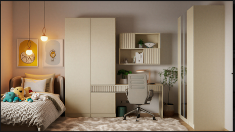 Nordic Study Zone – cream wardrobe with integrated desk and wall shelving in warm oak tones
