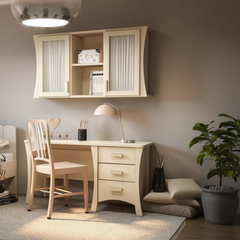 Linen and Light cream desk with ribbed glass-door wall cabinet and three drawers in a warm bedroom