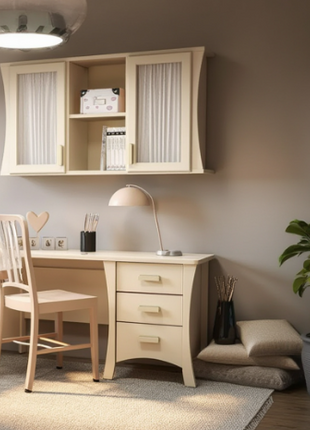 Linen and Light cream desk with ribbed glass-door wall cabinet and three drawers in a warm bedroom