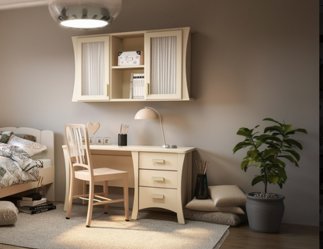 Linen and Light cream desk with ribbed glass-door wall cabinet and three drawers in a warm bedroom