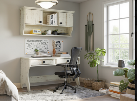 Aspen Study Corner desk with distressed white wall-mounted hutch cabinet in a kids bedroom