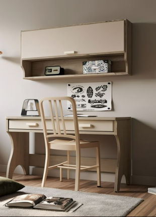 Nordic Nook minimalist natural wood desk with flip-up wall cabinet and wooden chair