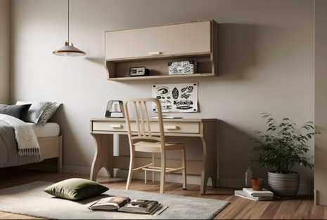 Nordic Nook minimalist natural wood desk with flip-up wall cabinet and wooden chair