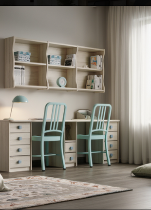Duo Scholar wide double desk with open wall bookcase and teal chairs in a bright bedroom